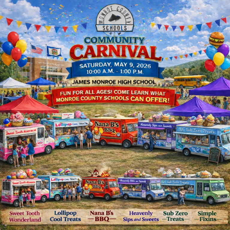 Community carnival scene with several food trucks